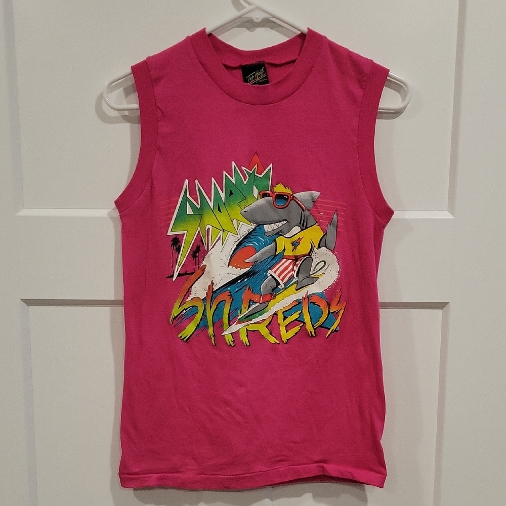 VINTAGE 90's Made In The USA Hot Pink Graphic Muscle Tee - Shark Surf Design - Picture 2 of 9